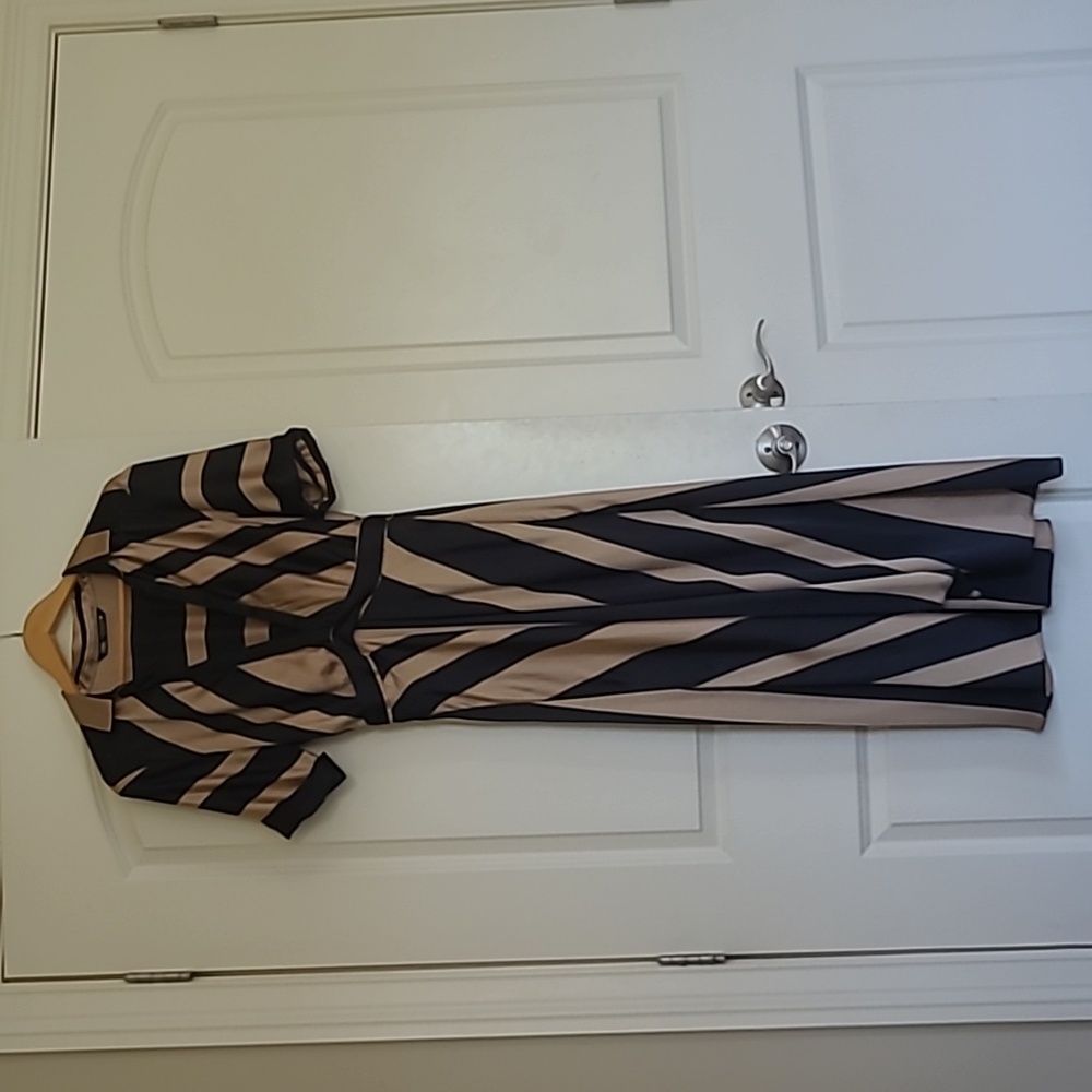 Zara Gold and Black Striped Satin Midi Dress M